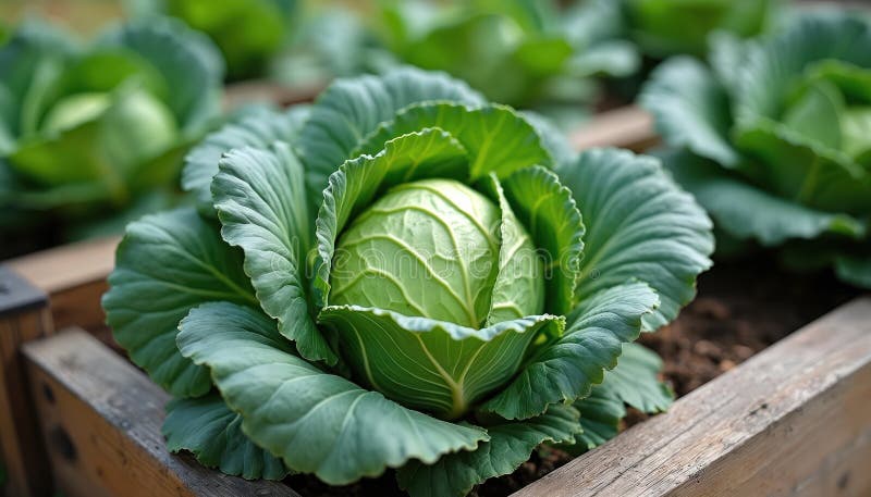 Rich green cabbages growing in a raised wooden garden bed