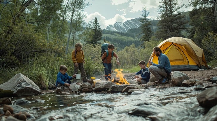 A family sitting by a campfire in the woods.