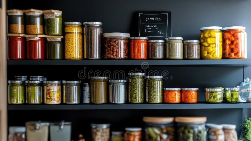 Organized pantry shelves with assorted canned and jarred foods