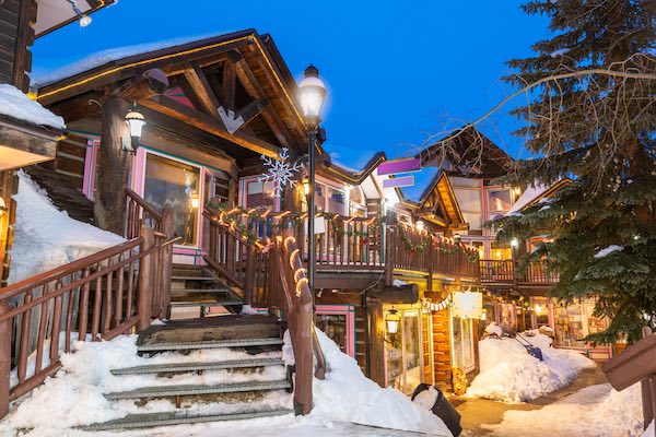 Breckenridge, Colorado with snow-covered buildings and mountains