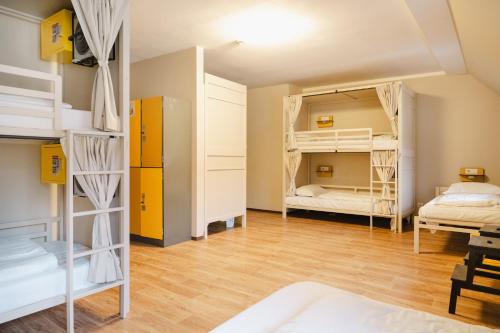 A well-lit hostel dorm room featuring bunk beds with privacy curtains and individual reading lights