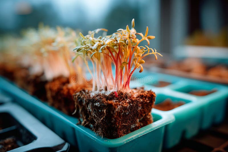 Macro shot of a seed being carefully placed into the indentation of a soil block
