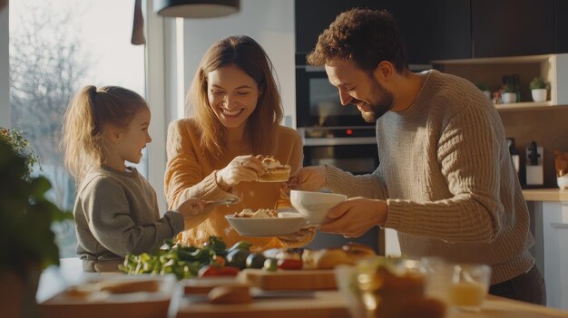 A family gathered around a wooden table, sharing a meal of chicken pot pie. The image conveys a sense of warmth, connection, and gratitude.