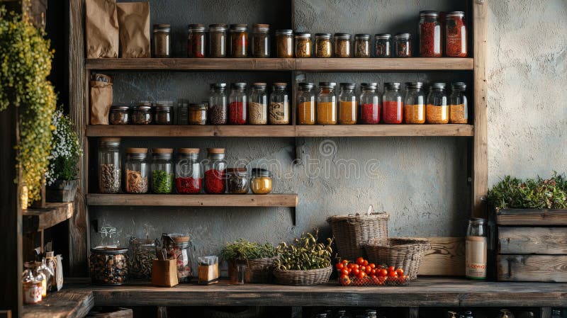 Pantry shelves filled with various spices, herbs, and fresh produce, showcasing a cozy rustic display with glass jars and wicker baskets.