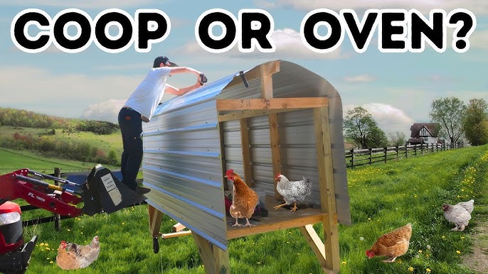 A person adding finishing touches to a chicken coop.