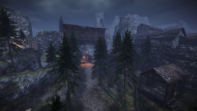 Juxtapose Avowed's character combat stance against a similar Skyrim stance. The Avowed image should depict a character wielding a sword and shield, ready to engage an enemy with a focus on armor detail and combat positioning. The Skyrim image should present a character in a comparable stance, showcasing the evolution (or lack thereof) in combat animations and visual fidelity.