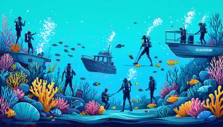 Two freedivers gracefully swimming with a pod of dolphins in the Bahamas, engaging in ethical interactions.