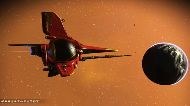 No Man's Sky spacecraft flying over a highly detailed modded landscape.