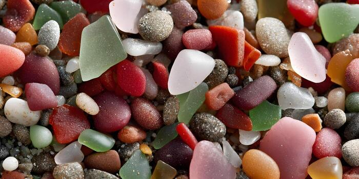 Close-up of sea glass, showcasing various colors and textures