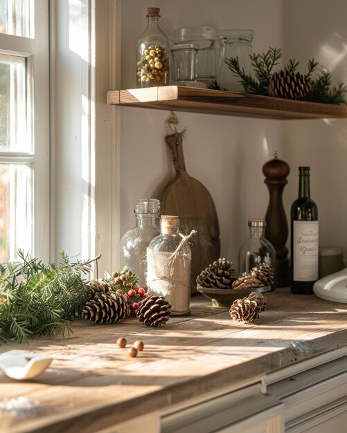 A close-up shot of a pinecone ornament adorned with dried berries and a small evergreen sprig, highlighting the beauty of natural embellishments