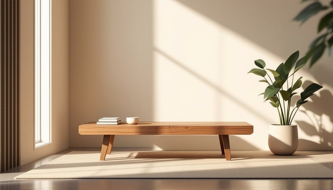 Minimalist wooden bench in an entryway