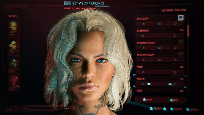 Screenshot of the Appearance Menu Mod UI in-game, displaying the character customization options. Show a character with unique features, such as custom hair color, eye color, and cyberware, set against a neutral background.