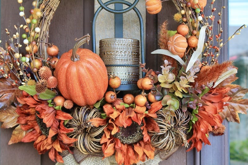 Fall wreath with decorative gourds