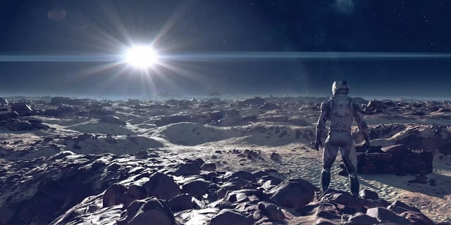 Starfield spaceship flying over a planet