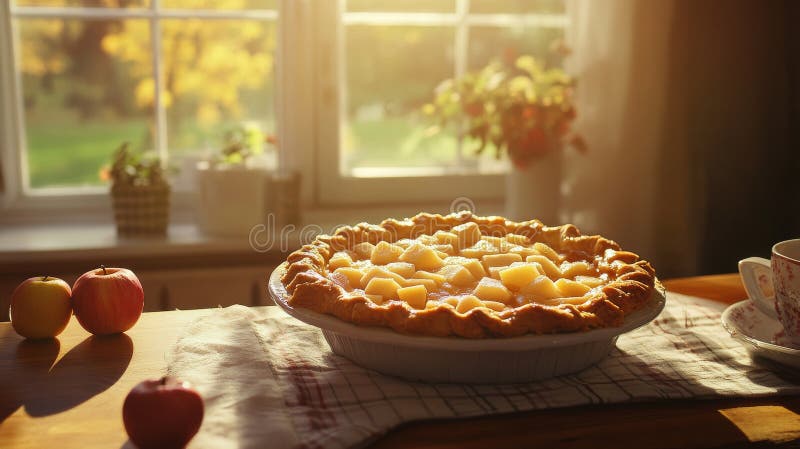A family gathered around a table, enjoying slices of apple crumble together in a cozy, warmly lit room.