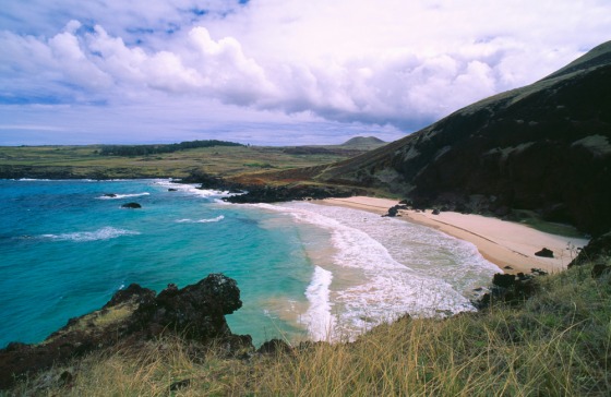 Ovahe beach with pink sand and volcanic rocks on Easter Island, Chile.