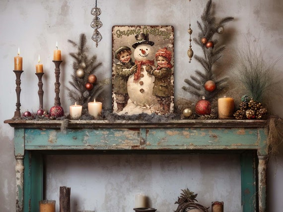 Yule log centerpiece on a mantelpiece with other natural decorations