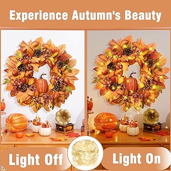 Rustic grapevine wreath adorned with colorful leaves, dried berries, and miniature pumpkins