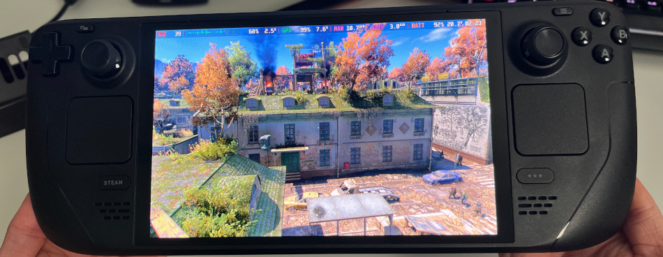 A Steam Deck OLED displaying a heavily modded version of Garry's Mod, showcasing the device's ability to handle complex and visually demanding Source mods.