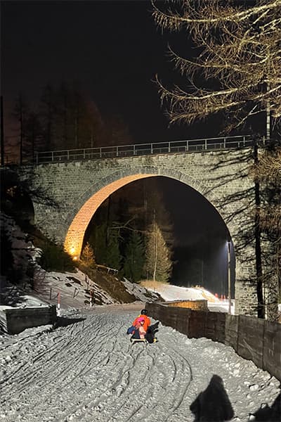 Tobogganing down the Preda to Bergün run, showcasing the speed and excitement of the activity.