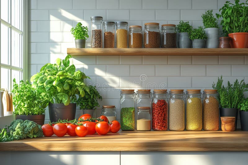 Organized pantry with glass jars filled with grains and vibrant herbs, featuring fresh tomatoes under natural sunlight, created using generative AI technology.