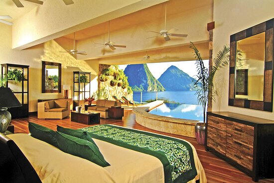 Suite at Jade Mountain Resort St. Lucia showcasing the open-air design, infinity pool, and panoramic view of the Pitons