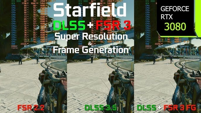 A close-up comparison showcasing Starfield's visual quality with FSR 3 enabled, pointing out the noticeable texture blurring and artifacting on NPC faces, issues that detract from the overall visual experience.