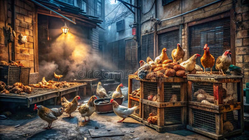 A captivating image showcases a bustling urban market stall brrimming with chickens