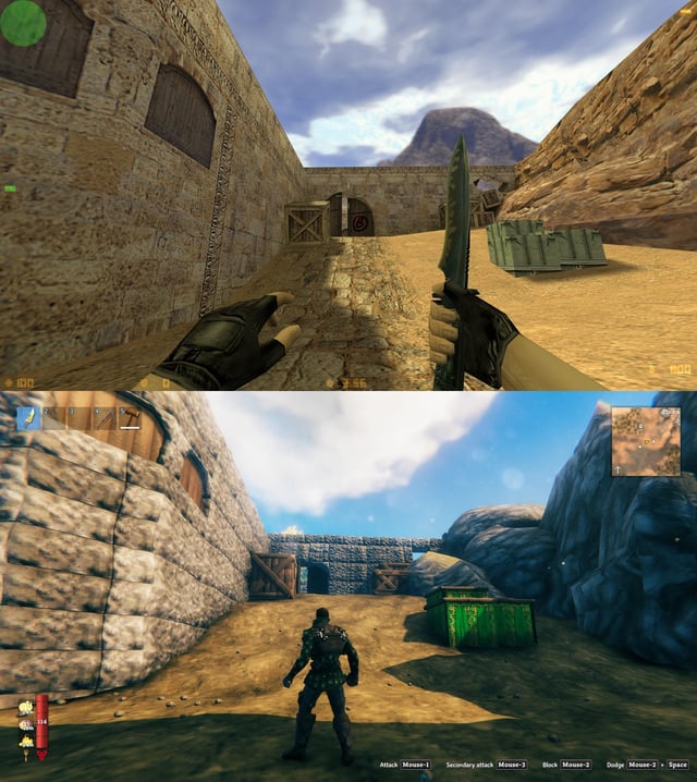 Counter-Strike: Source screenshot, action shot on de_dust2, Counter-Terrorist defusing the bomb at B site under heavy fire, smoke grenades filling the air, chaotic and intense scene, cinematic angle with shallow depth of field focusing on the defuser's hands.