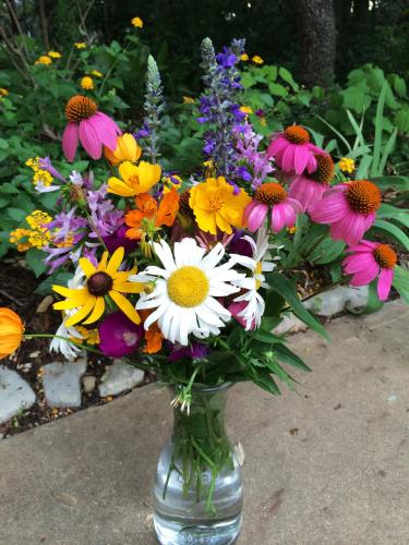 Step-by-step images showing the process of creating a simple bouquet using a flower frog and a clear glass bud vase. Each image should focus on a specific step: 2) Cutting the flower stems