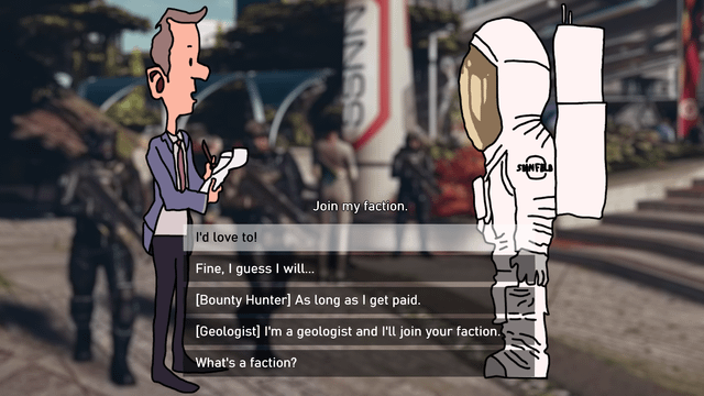 A player character stands face-to-face with a stern-looking NPC, likely a leader or member of one of the game's factions. This image represents the interaction and choices players make within the faction system.