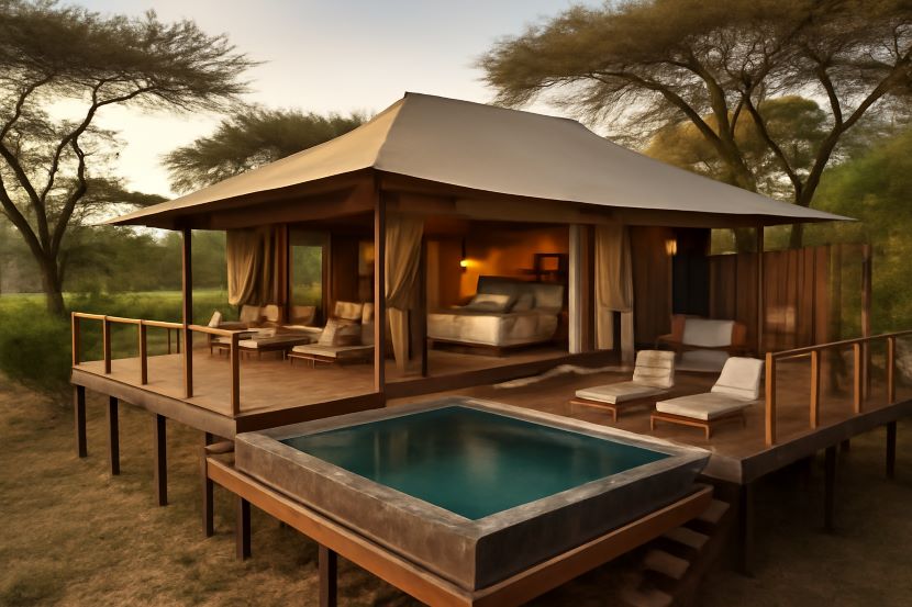 An elephant family walks across the Okavango Delta at sunset, showcasing the golden light.