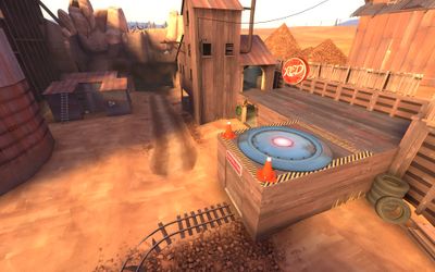 A TF2 sentry gun at the end of a long corridor, with a TF2 Demoman approaching it and getting ready to fire a grenade.