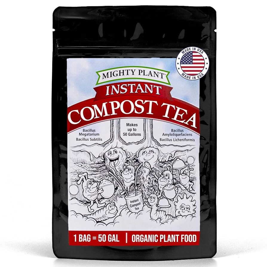 a close-up showing the color and texture of finished compost tea, with a measuring cup