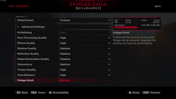 Another comparison of graphics settings, showcasing the impact of different settings on visual quality in Hellblade II
