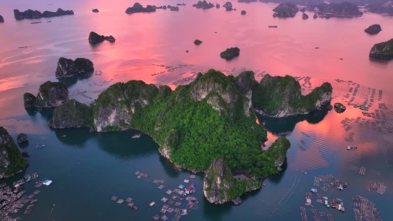 Golden light illuminating the limestone karsts and the emerald waters reflecting the sky in Ha Long Bay at sunrise