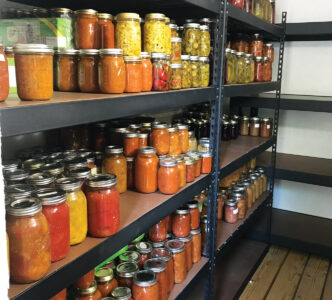 Root cellar shelving made from wood.