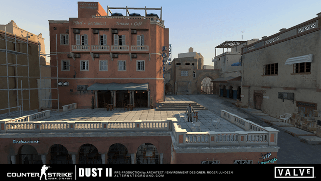 Counter-Strike: Source screenshot, artistic rendition of de_dust2, rendered with a distinct VR aesthetic, futuristic and stylized design, emphasizing the map's potential adaptation to virtual reality environments, low-poly textures and vibrant color palette.