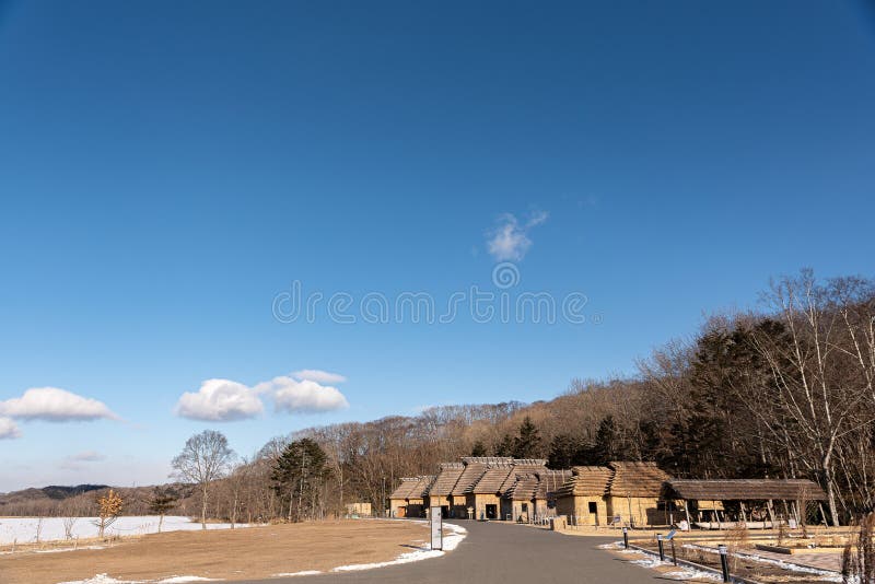 A wide shot of snowshoers trekking through a snow-covered forest in Akan-Mashu National Park, with a hint of mist rising from Lake Mashu in the background.