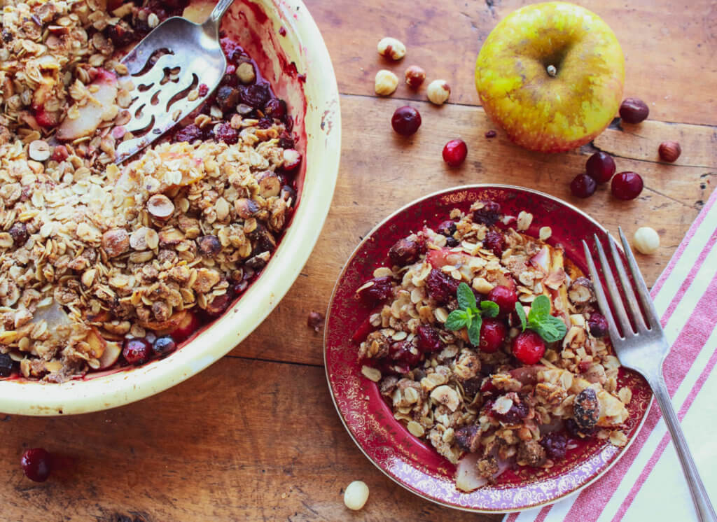 Spiced Pear Cranberry Crumble close-up spoon