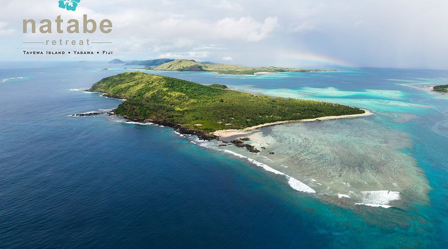 Aerial view of the Yasawa Islands, showing volcanic islands surrounded by turquoise waters.