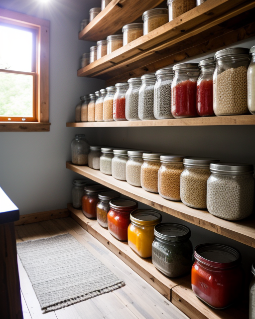 Organized shelves in a basement filled with jars of food