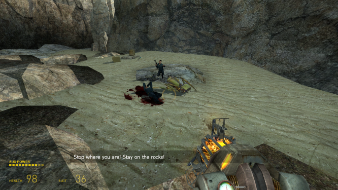 A player is navigating a section of Highway 17 using the Gravity Gun to manipulate a car, creating a makeshift ramp. The coastal environment and Combine structures are visible in the background.