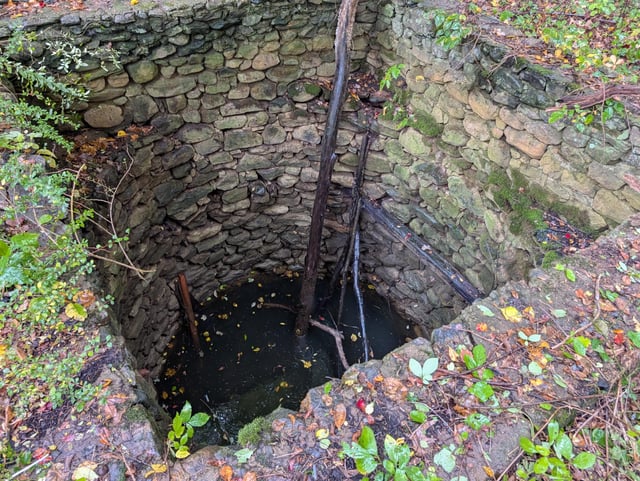A person looking into a deep, dug hole in the ground