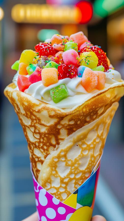 A vibrant and colorful Harajuku crepe overflowing with whipped cream, strawberries, chocolate sauce, and other toppings, held in a paper cone.