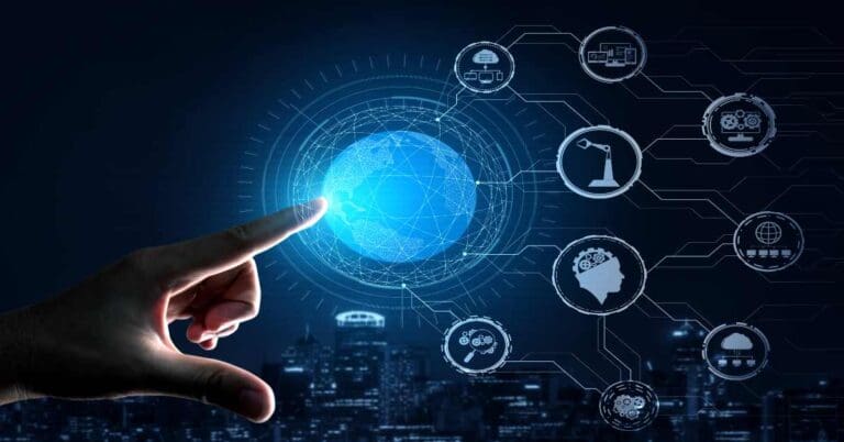 A futuristic representation of AI agents working collaboratively, showcasing their efficiency and autonomy