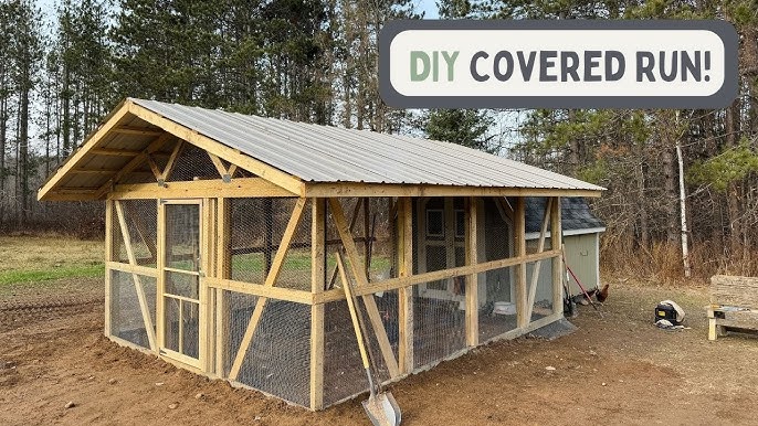 A chicken coop roof being built using wooden boards.