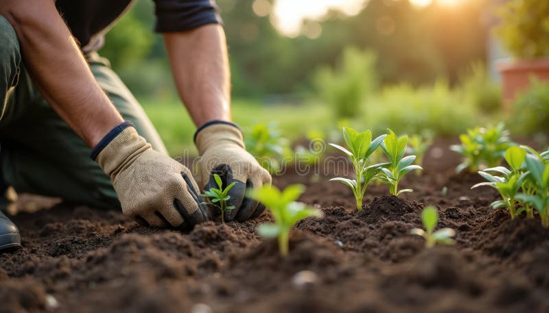 A gardener works in a community garden, planting young plants at sunset, showing a person contributing to sustainable food practices with green leaves