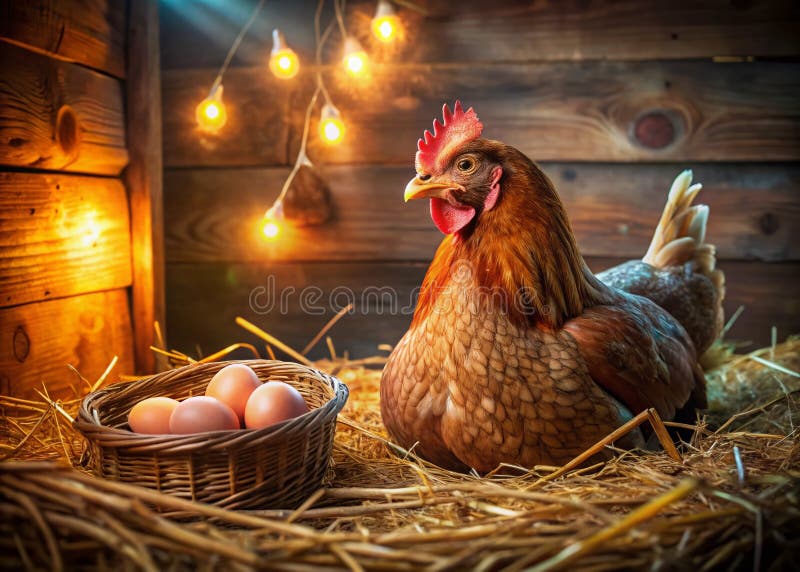 Close up shot inside the chicken coop. Focus on the repurposed elements like roosting bars made of natural tree branches, reclaimed wood used for nesting boxes, straw on the floor, and sunlight filtering through a screened window. The overall mood is cozy, rustic, and inviting.