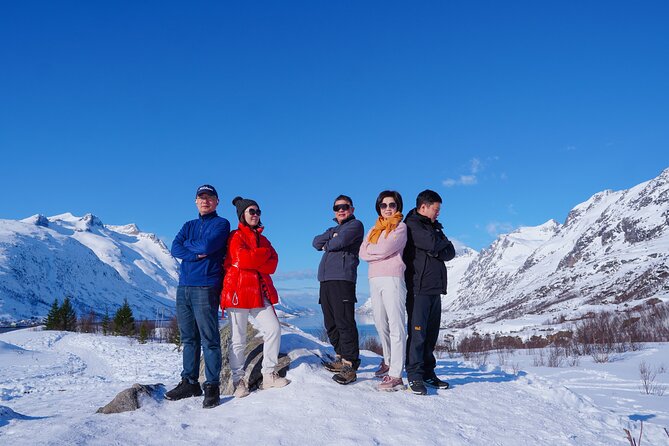 Reindeer sledding experience at dusk, with the setting sun casting a warm glow on the snowy landscape and reindeer